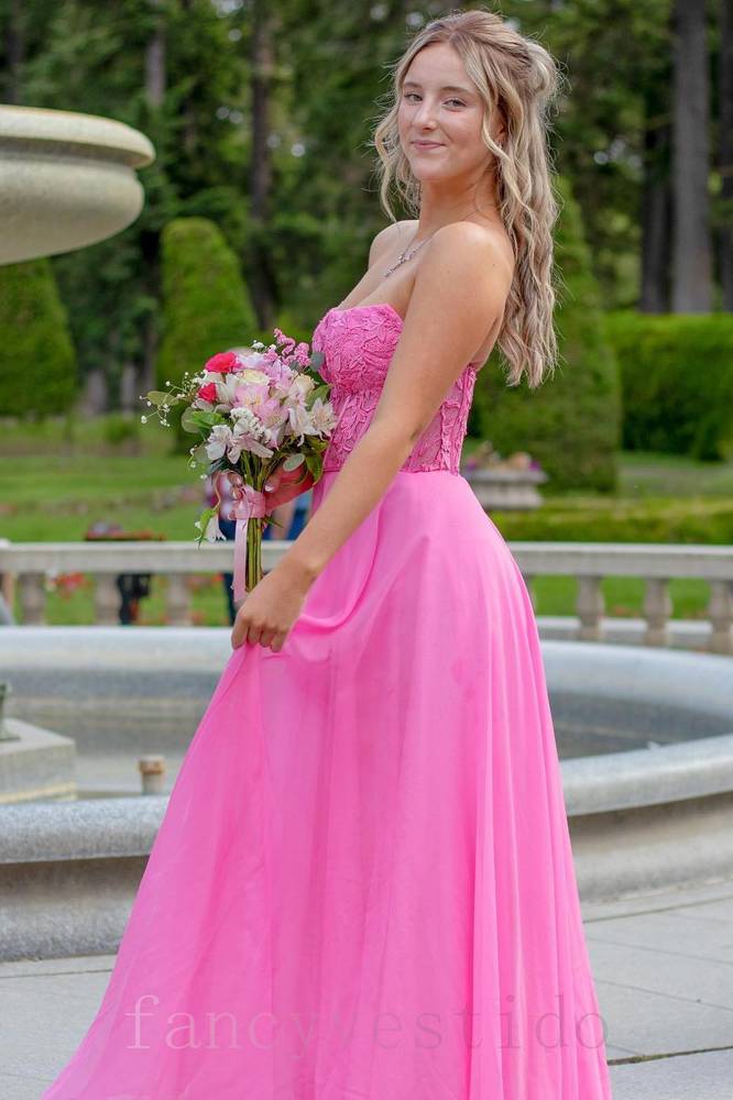 Strapless Hot Pink Applique A-Line Chiffon Prom Dress FancyVestido Strapless Hot Pink Applique A-Line Chiffon Prom Dress FancyVestido