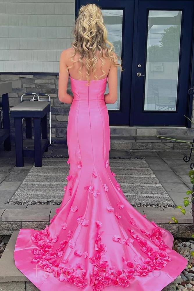 Pink Strapless Mermaid Prom Dress with 3D Floral FancyVestido Pink Strapless Mermaid Prom Dress with 3D Floral FancyVestido