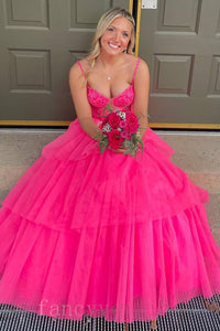 V-Neck Applique Hot Pink A-Line Layered Prom Dress