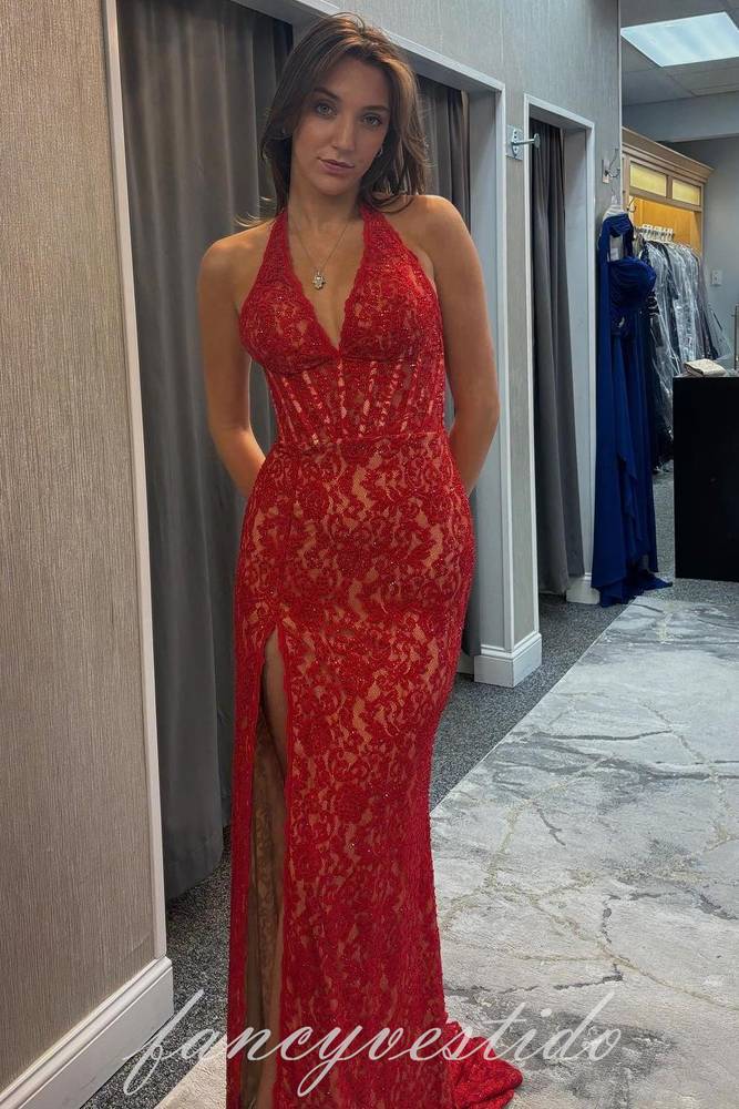 Elegant Halter Lace Applique Mermaid Prom Dress with Slit – FancyVestido