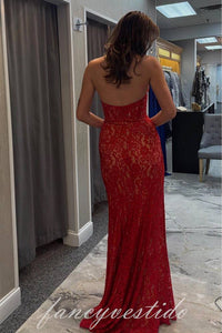 Elegant Halter Lace Applique Mermaid Prom Dress with Slit