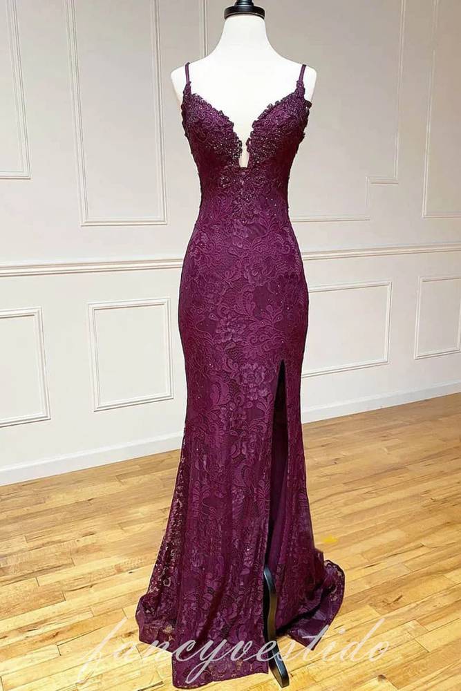 V-Neck Grape Straps Lace Applique Mermaid Prom Dress  FancyVestido
