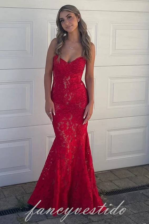 Sweetheart Red Lace Applique Mermaid Prom Dress – FancyVestido