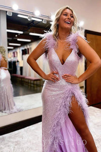 Glitter Orange V-Neck Sequin Feather Prom Dress with Slit 