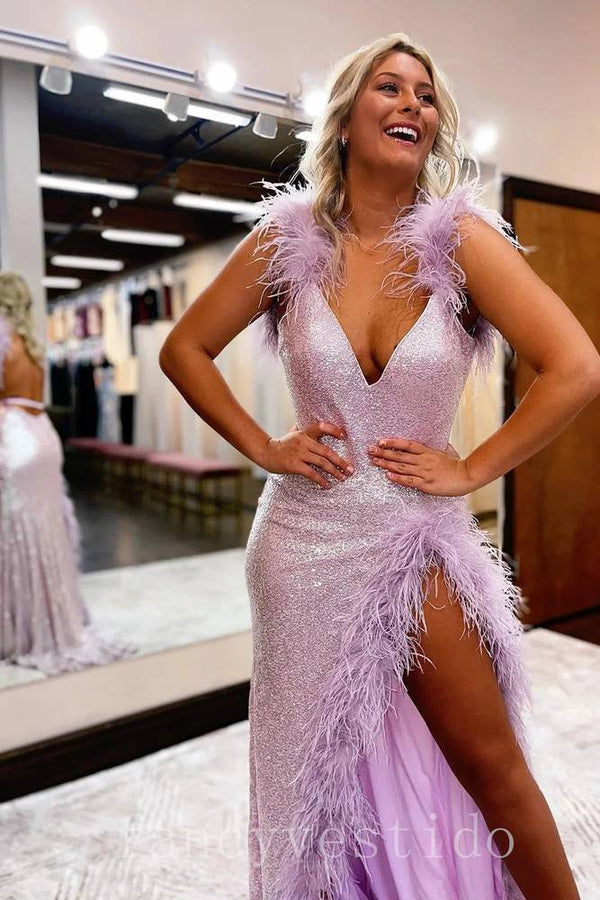 Glitter Orange V-Neck Sequin Feather Prom Dress with Slit 