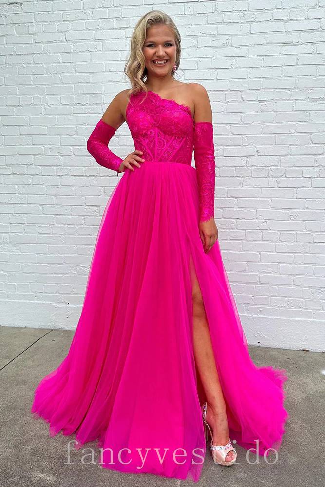 One Shoulder Lace A-Line Prom Dress with Detachable Sleeves  FancyVestido