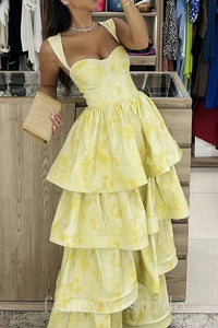 Elegant Starps Yellow Floral Print Ruffle Prom Dress
