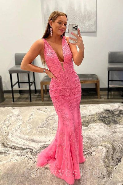 Pluning V-Neck Applique Mermaid Prom Dress with Open Back