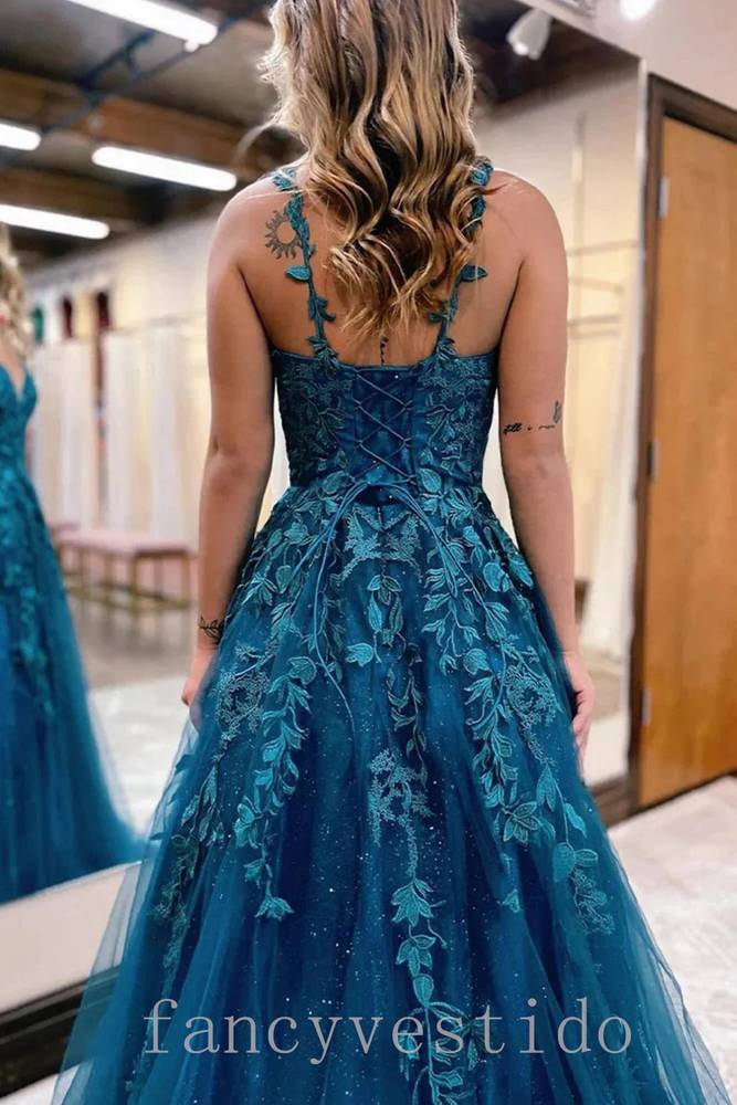 Straps Applique A-Line Tulle Prom Dress with Lace-Up