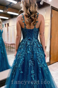 Straps Applique A-Line Tulle Prom Dress with Lace-Up