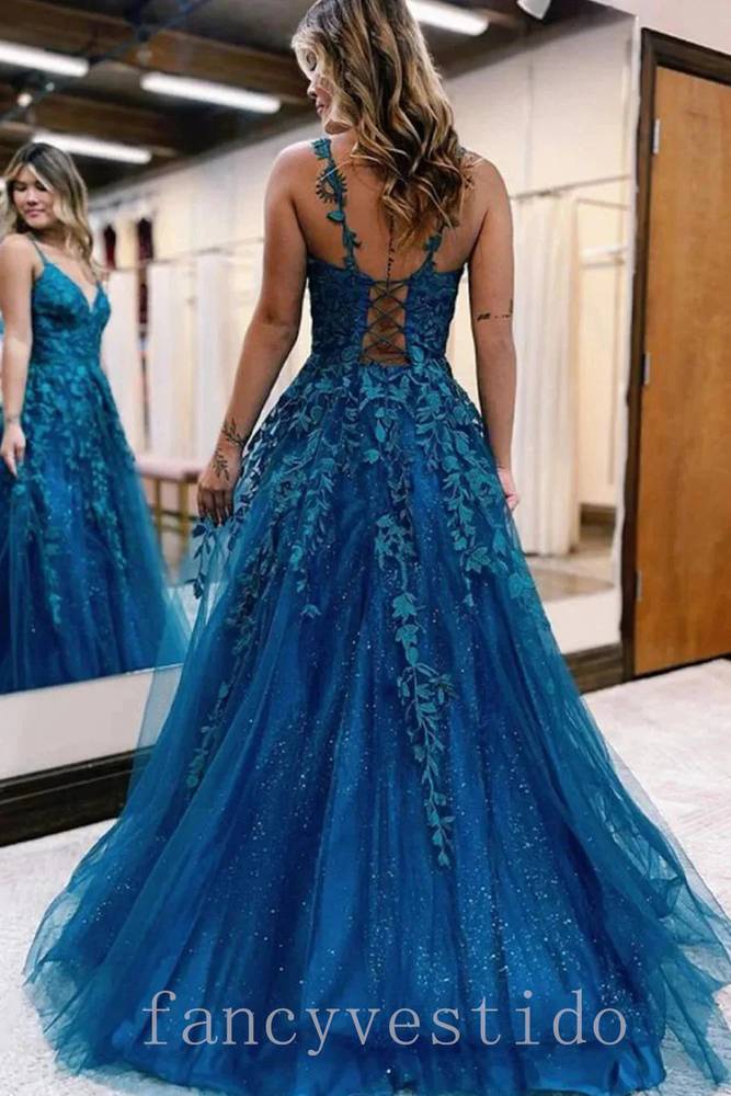 Straps Applique A-Line Tulle Prom Dress with Lace-Up