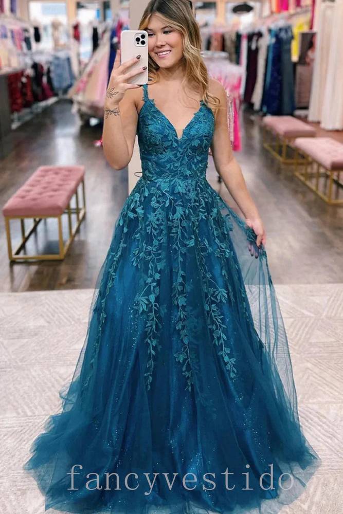 Straps Applique A-Line Tulle Prom Dress with Lace-Up