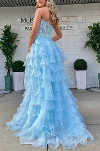 Sky Blue Sweetheart Applique Ruffle Prom Dress with Slit