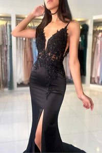 Spaghetti Straps Black Applique Mermaid Prom Dress