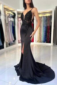 Spaghetti Straps Black Applique Mermaid Prom Dress