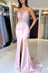 Spaghetti Straps Black Applique Mermaid Prom Dress