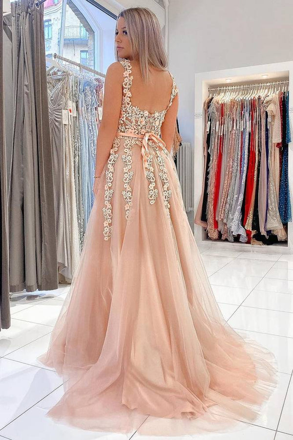 Elegant Sky Blue Applique A-Line Tulle Prom Dress