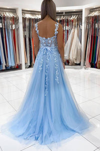 Elegant Sky Blue Applique A-Line Tulle Prom Dress