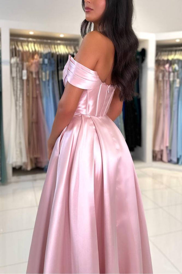 Elegant Pink Off the Shoulder Pleated Satin Prom Dress