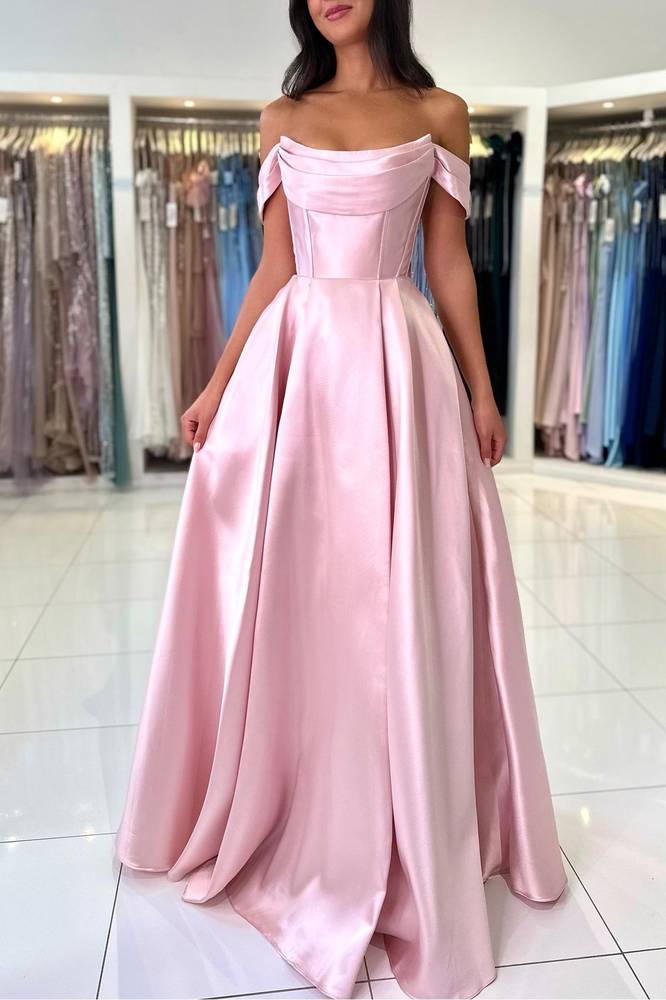 pink satin prom dress Elegant Pink Off the Shoulder Pleated Satin Prom Dress – FancyVestido