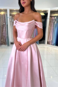 Elegant Pink Off the Shoulder Pleated Satin Prom Dress