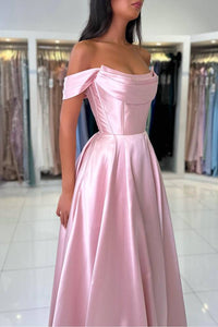 Elegant Pink Off the Shoulder Pleated Satin Prom Dress