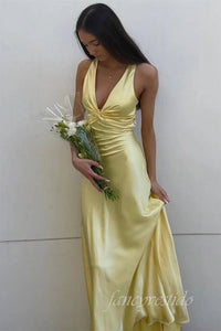 Saxi V-Neck Yellow Mermaid Maxi Dress with Lace-up Back
