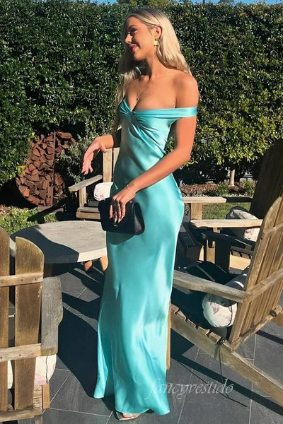 Off the Shoulder Aqua Sheath Maxi Dress with Open Back