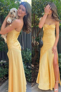 Spaghetti Straps Yellow Pleated Maxi Dress with Slit