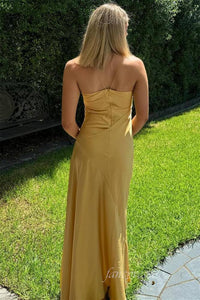 Spaghetti Straps Yellow Pleated Maxi Dress with Slit
