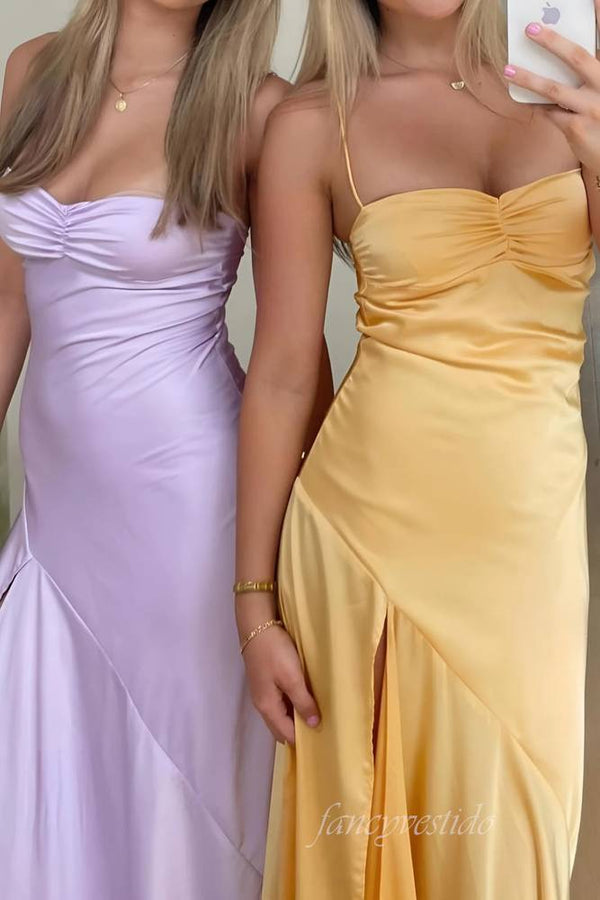 Spaghetti Straps Yellow Pleated Maxi Dress with Slit