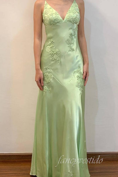 Green V-Neck Appliques Satin Mermaid Party Dress with Open Back