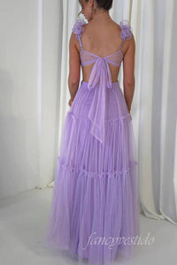 V-Neck Orange Cutout Tulle Prom Dress Bow Back