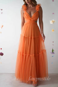 V-Neck Orange Cutout Tulle Prom Dress Bow Back
