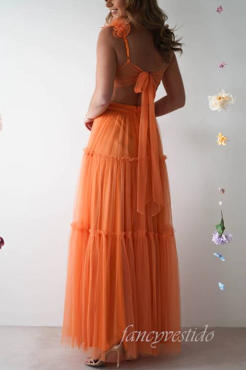 V-Neck Orange Cutout Tulle Prom Dress Bow Back