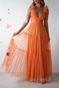 V-Neck Orange Cutout Tulle Prom Dress Bow Back