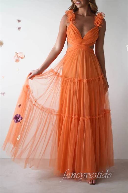 V-Neck Orange Cutout Tulle Prom Dress Bow Back