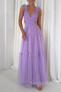 V-Neck Orange Cutout Tulle Prom Dress Bow Back