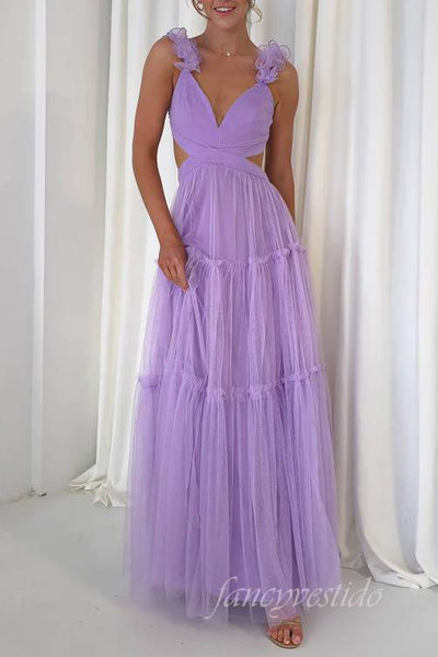 V-Neck Orange Cutout Tulle Prom Dress Bow Back