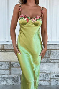 Sexy Straps Green Embroidery Floral Applique Maxi Dress