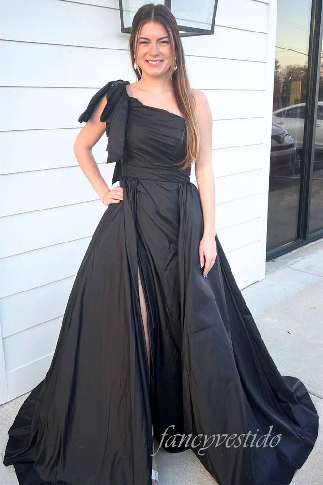 Black Bow One Shoulder Satin A-Line Prom Dress with Slit FancyVestido Black Bow One Shoulder Satin A-Line Prom Dress with Slit FancyVestido