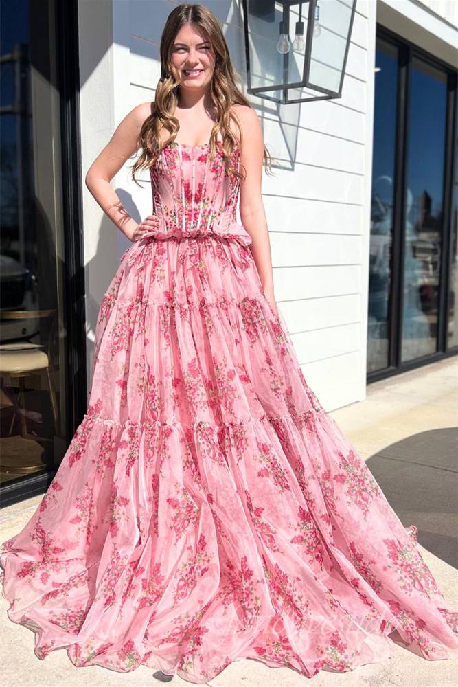Strapless Pink Floral Print A-Line Prom Dress FancyVestido Strapless Pink Floral Print A-Line Prom Dress FancyVestido