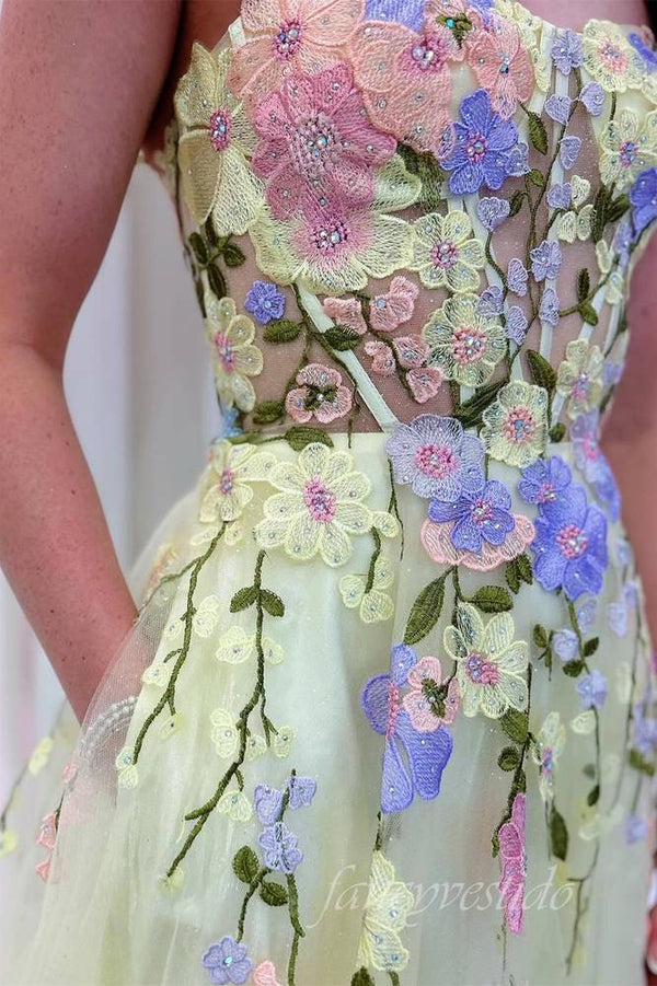 Yellow Straps Embroidery AppliqueTulle Prom Dress