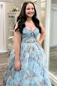 Floral Print Corset Tulle Layered A-Line Prom Dress