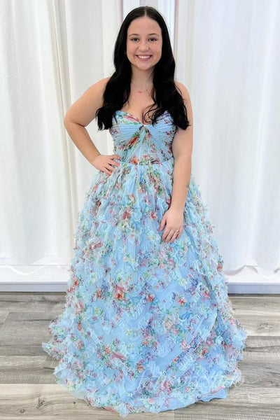 Floral Print Corset Tulle Layered A-Line Prom Dress