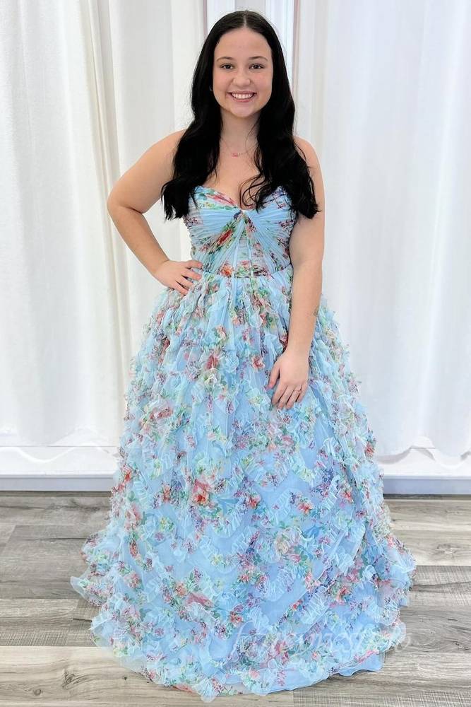 blue floral corset prom dress Blue Floral Printed Sweetheart Chiffon Tiered A-Line Long Corset Prom Dress, Sky Blue / Custom Size main image 1