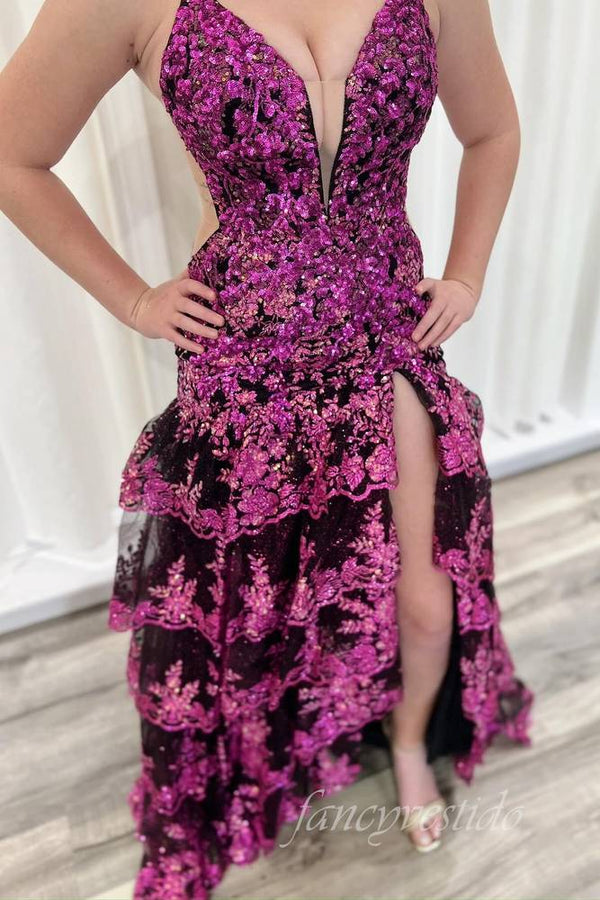 Straps Applique Fuchsia Mermaid Prom Dress with Slit