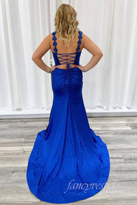 Floral Straps Corset Blue Mermaid Prom Dress with Slit