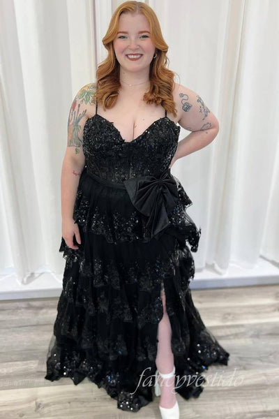 Straps Black Sequin Applique Ruffle Prom Dress with Slit
