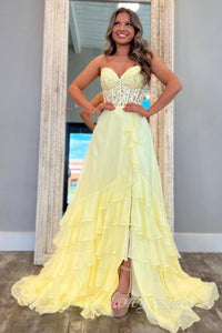 Sweetheart Applique Chiffon Ruffle Prom Dress with Slit
